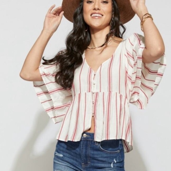 Francescs’s NWT Red and White Striped Peplum Blouse - Picture 3 of 10